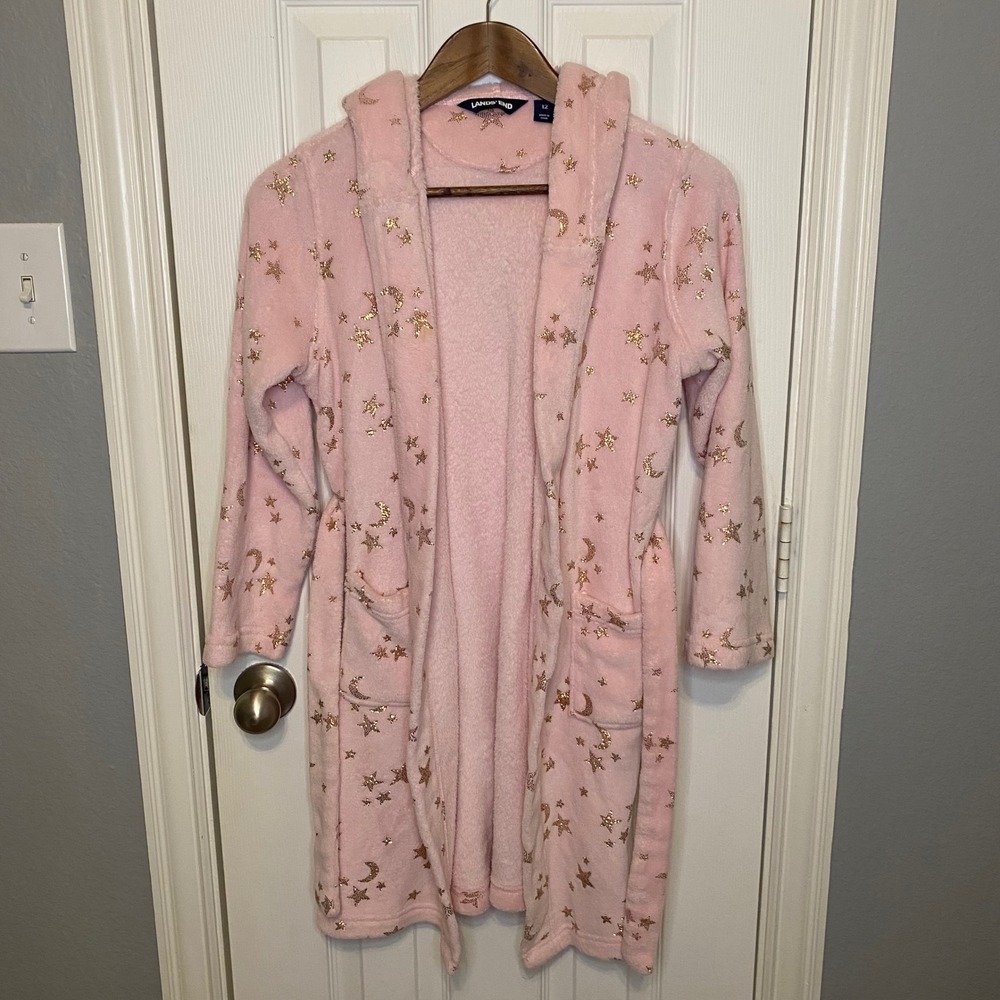 Lands End Girls Robe Bathrobe Size 12 Pink Fleece Hooded Gold Stars Moons Plush